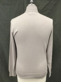 BLOOMINGDALE'S, Putty/Khaki Gray, Cotton, Cashmere, Solid, Pullover, 1/2 Zip Front, Stand Collar, Ribbed Knit Collar/Cuff/Waistband