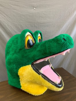 N/L MTO, Green, Yellow, Polyester, Foam, Alligator / Crocodile Mascot Head, Green Plush with Yellow Plush Under Chin, Wide Open Mouth with Pink Tongue, Teeth, Etc, Big Cartoon Eyes, Made To Order