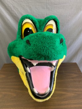 N/L MTO, Green, Yellow, Polyester, Foam, Alligator / Crocodile Mascot Head, Green Plush with Yellow Plush Under Chin, Wide Open Mouth with Pink Tongue, Teeth, Etc, Big Cartoon Eyes, Made To Order