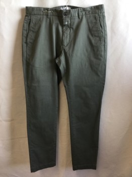 Mens, Casual Pants, CLOSED, Olive Green, Cotton, Solid, 36/32, 1.5" Waistband with Belt Hoops, Flat Front, Zip Front, 4 Pockets