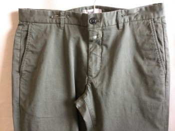 CLOSED, Olive Green, Cotton, Solid, 1.5" Waistband with Belt Hoops, Flat Front, Zip Front, 4 Pockets