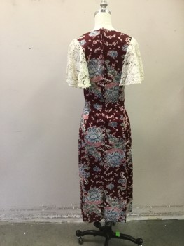 MTO, Red Burgundy, Cream, Pink, Lt Blue, Polyester, Floral, V-neck, Cream Lace Front Waist Detail, Gathered Front Waist Panel, Cream Lace Flutter Sleeves, Zip Back, Ankle Length