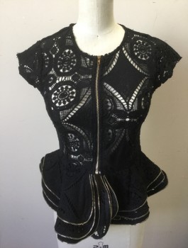 Womens, Top, LOVE CULTURE, Black, Synthetic, Solid, XS, See-Through Lace, Cap Sleeve, Round Neck, Silver Zipper at Center Front, and Zipper Trim at 3 Tiered Peplum Ruffle, Fitted, Clubwear