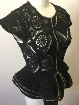 LOVE CULTURE, Black, Synthetic, Solid, See-Through Lace, Cap Sleeve, Round Neck, Silver Zipper at Center Front, and Zipper Trim at 3 Tiered Peplum Ruffle, Fitted, Clubwear