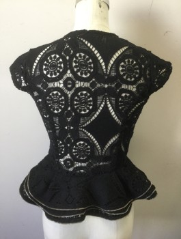 Womens, Top, LOVE CULTURE, Black, Synthetic, Solid, XS, See-Through Lace, Cap Sleeve, Round Neck, Silver Zipper at Center Front, and Zipper Trim at 3 Tiered Peplum Ruffle, Fitted, Clubwear