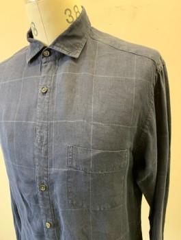 BILLY REID, Navy Blue, Lt Gray, Linen, Grid , Long Sleeves, Button Front, Collar Attached, 1 Patch Pocket