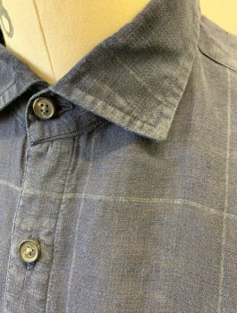 Mens, Casual Shirt, BILLY REID, Navy Blue, Lt Gray, Linen, Grid , M, Long Sleeves, Button Front, Collar Attached, 1 Patch Pocket