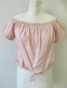 FRYE ANTHOPOLOGIE, Blush Pink, White, Cotton, Floral, Wide Elastic Neck, Off Shoulder, Short Sleeves with Elastic Cuffs, Drawstring Elastic Waistband, Peasant Style