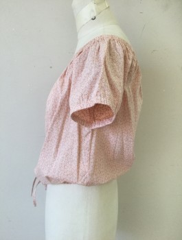 FRYE ANTHOPOLOGIE, Blush Pink, White, Cotton, Floral, Wide Elastic Neck, Off Shoulder, Short Sleeves with Elastic Cuffs, Drawstring Elastic Waistband, Peasant Style