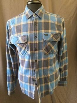 Mens, Casual Shirt, BRIXTON, Midnight Blue, Royal Blue, Tan Brown, Cotton, Plaid, S, Button Front, Collar Attached, Long Sleeves, 2 Flap Pocket,