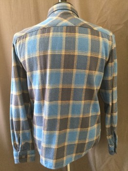 Mens, Casual Shirt, BRIXTON, Midnight Blue, Royal Blue, Tan Brown, Cotton, Plaid, S, Button Front, Collar Attached, Long Sleeves, 2 Flap Pocket,