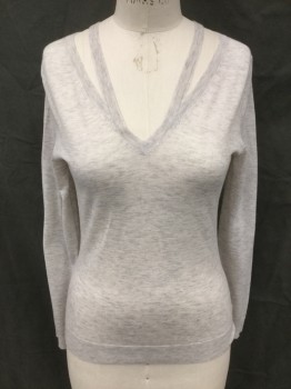 SCOOP, Lt Gray, Wool, Polyester, Heathered, V-neck with Extra Straps, Long Sleeves, Ribbed Knit Cuff/Waistband