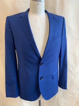 BOSS, Primary Blue, Polyester, Solid, Single Breasted, 2 Buttons,  Notched Lapel, 3 Pockets, 4 Button Cuffs, 2 Back Vents