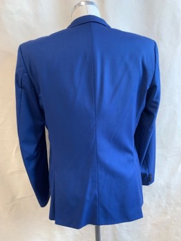 BOSS, Primary Blue, Polyester, Solid, Single Breasted, 2 Buttons,  Notched Lapel, 3 Pockets, 4 Button Cuffs, 2 Back Vents