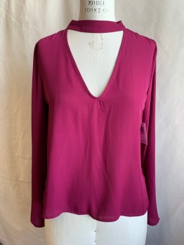 Womens, Top, OLIVACEOUS, Magenta Purple, Polyester, Solid, M, Deep V Front Keyhole, Band Collar, Zip Back, Long Sleeves