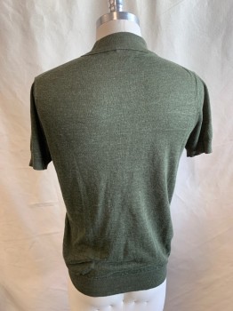 Mens, Polo, SUIT SUPPLY, Olive Green, Linen, Cotton, Solid, Heathered, XS, Short Sleeves, 3 Pockets, Chest Pocket, Rib Knit Cuffs and Waistband