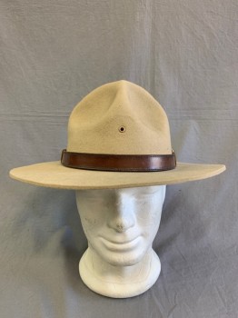 Unisex, Fire/Police Hat, Stratton, Khaki Brown, Wool, Solid, 7 1/8, Campaign Hat, Peak Crown, Badge Holes, Brown Leather Hat Band with Gold Buckle,