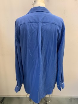 Womens, Blouse, EQUIPMENT, Blue, Silk, Solid, S, L/S, Button Front, 1 Pocket with White Piping Detail As Well As on Cuffs, Pajama-like