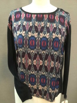 Womens, Top, SCOTH & SODA, Black, Teal Blue, Mint Green, Royal Blue, Wine Red, Polyester, Synthetic, Abstract , Diamonds, L, Teal Blue, Mint, Wine, Faded Red, Light Tan Abstract Diamond Print W/black Flat Knit Back, Wide Round Neck,  Black Long Sleeves, Pullover
