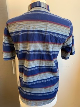 Mens, Casual Shirt, VOLCOM, Navy Blue, Red Burgundy, Tan Brown, Lt Blue, Cotton, Stripes - Horizontal , M, Short Sleeves, Button Front, Collar Attached,