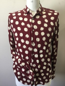 Mens, Casual Shirt, ZARA, Maroon Red, Cream, Viscose, L, Maroon with Cream Abstract Print, Collar Attached, Button Front, Long Sleeves,