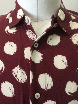 Mens, Casual Shirt, ZARA, Maroon Red, Cream, Viscose, L, Maroon with Cream Abstract Print, Collar Attached, Button Front, Long Sleeves,