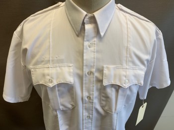 Mens, Fire/Police Shirt, ELBECO, White, Poly/Cotton, Solid, 17.5, Short Sleeves, Button Front, Collar Attached, Epaulets, 2 Pockets,