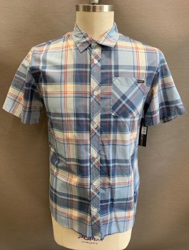 Mens, Casual Shirt, O'NEILL, Lt Blue, Navy Blue, Gray, Maroon Red, Cotton, Plaid, L, Short Sleeves, Button Front, Collar Attached, 1 Patch Pocket