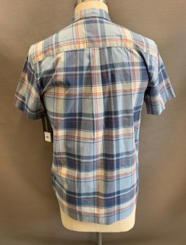 Mens, Casual Shirt, O'NEILL, Lt Blue, Navy Blue, Gray, Maroon Red, Cotton, Plaid, L, Short Sleeves, Button Front, Collar Attached, 1 Patch Pocket