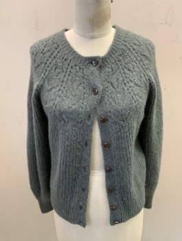 ANN TAYLOR, Blue-Gray, Synthetic, Wool, Solid, L/S, Button Front, 8 Plastic Tortoise Shell Buttons, Rib Knit, Chevron Knit at Collar, Lightly Matted