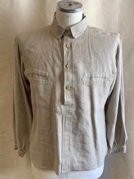 Mens, Historical Fiction Shirt, AMERICAN COSTUME, Taupe, Linen, Solid, 34/35, 16, C.A., 4 Button Front, Front Pockets, L/S, Back Yoke