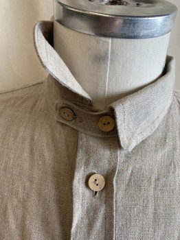 Mens, Historical Fiction Shirt, AMERICAN COSTUME, Taupe, Linen, Solid, 34/35, 16, C.A., 4 Button Front, Front Pockets, L/S, Back Yoke