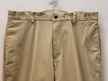 Mens, Casual Pants, BROOKS BROTHERS, Khaki Brown, Cotton, Polyester, Solid, 33/34, F.F, Side And Back Pockets, Zip Front, Belt Loops,