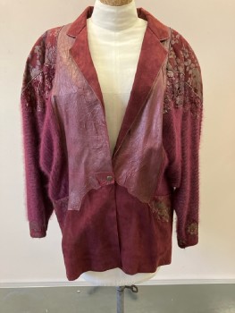 ROBERTO CAVLLI, Red Burgundy, Suede, Wool, C.A., Single Snap Button, Knit Sides & Sleeves, Floral Pattern On Shoulders, Rhinestone Yoke, Ut Out Pattern On Upper Back, Leather Lower Back, Oversized Fit