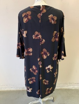 Womens, Dress, Long & 3/4 Sleeve, TOMMY HILFIGER, Black, Brown, Polyester, Elastane, Floral, 22W, 3/4 Sleeve with Self Ruffle, Scoop Neck, Shift Dress, Knee Length, Zipper in Back