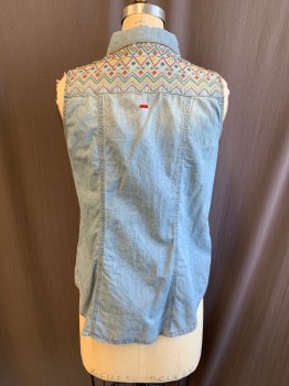 CASTRO JEANS, Denim Blue, Burnt Orange, Chartreuse Green, Teal Blue, Pink, Cotton, Collar Attached, Snap Front, Sleeveless 2 Flap Pockets, Multi Color Embroidery at Shoulders/Yoke