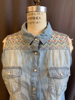 Womens, Blouse, CASTRO JEANS, Denim Blue, Burnt Orange, Chartreuse Green, Teal Blue, Pink, Cotton, 6, Collar Attached, Snap Front, Sleeveless 2 Flap Pockets, Multi Color Embroidery at Shoulders/Yoke