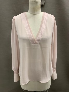 EXPRESS, Ballet Pink, Polyester, Solid, L/S, V-N, Chiffon, Sheer Sleeves, Crepe Satin Trim At Neck And Sleeves, Self Shank Buttons