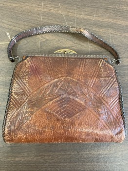 NL, Brown, Leather, Tooled Leather, Bronze Metal Frame With Carved Detaail, Twist Lock Closure, Small Leather Strap With Weaving