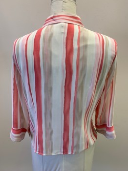 NL, Off White, Raspberry Pink, Ivory White, Polyester, Stripes, 3/4 Sleeves, Button Front, Watercolor Stripes, Pearl Shell Buttons