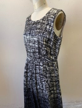 Womens, Dress, Sleeveless, CALVIN KLEIN, Black, White, Gray, Silk, Abstract , Sz.8, Crosshatched Sketchy Lines Pattern, Satin, Bottom is Ombre Into Gray Background, Round Neck, 1 Pleat at Center Front Waist, Knee Length, Invisible Zipper in Back