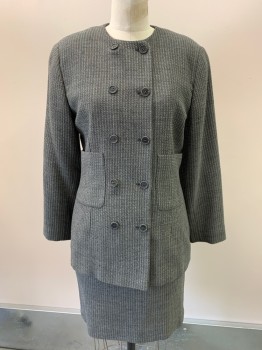 Womens, 1990s Vintage, Suit, Jacket, GIORGIO ARMANI, Black, White, Wool, Stripes, 2 Color Weave, B34, Double Breasted, 5 Button, Jewel Neckline, 2 Pockets