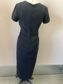 ADRIANNA PAPELL, Black, Silk, Solid, Sweetheart Neckline & S/S with Border Of Seams, Slit On Left Front, Zip Back, Hem Maxi,