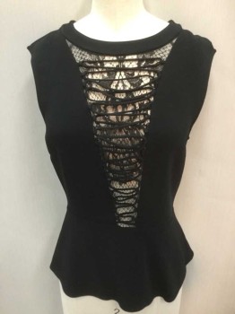A.L.C, Black, Viscose, Spandex, Solid, Stretch Crepe, Sleeveless, Round Neck,  Lace Panel At Center Front Neck To Waist with Self Criss Crossed Lace Up Detail, Peplum Waist, Invisible Zipper At Center Back