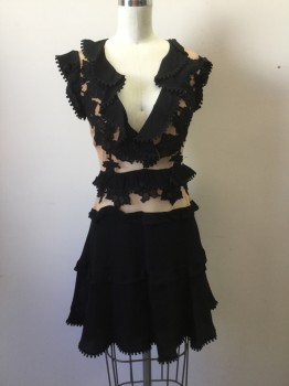 Womens, Cocktail Dress, FOR LOVE OF LEMONS, Black, Beige, Synthetic, Solid, Floral, XS, Beige Power Net Bodice with Black Lace Applique. Black Cap Sleeves. Deep V. Neck with Blob Lace Trim Hemline on Black Skirt