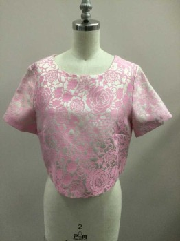 Womens, Top, DO & BE, Pink, Silver, Polyester, Floral, S, Pink & Silver Floral Brocade, Crop, Short Sleeve,  Scoop Neck, Zip Up Back, Slight Distress On Back Zip