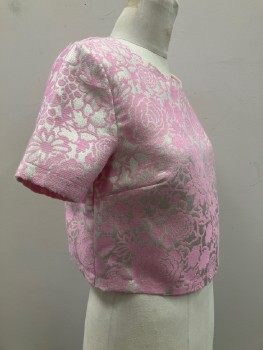 Womens, Top, DO & BE, Pink, Silver, Polyester, Floral, S, Pink & Silver Floral Brocade, Crop, Short Sleeve,  Scoop Neck, Zip Up Back, Slight Distress On Back Zip
