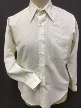 Mens, Dress Shirt, ACADEMY AWARD CLOTHS, Lt Yellow, Lime Green, Lt Brown, Polyester, 33-34, 16, Light Yellow W/self Broken Vertical Stripes And Tiny Light Brown & Light Lime Clover Print, Collar Attached, Button Front, 1 Pocket, Long Sleeves, Multiples