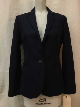 JCREW, Navy Blue, Wool, Synthetic, Solid, Navy, Notched Lapel, 1 Button,