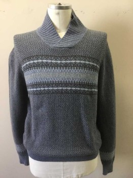 Mens, Pullover Sweater, INIS MEAIN, Lavender Purple, Gray, Lt Gray, Tan Brown, Cashmere, Wool, Speckled, L, with Novelty Stripe Across Chest, Ribbed Knit Overlap V-N, L/S, Ribbed Knit Cuff/Waist